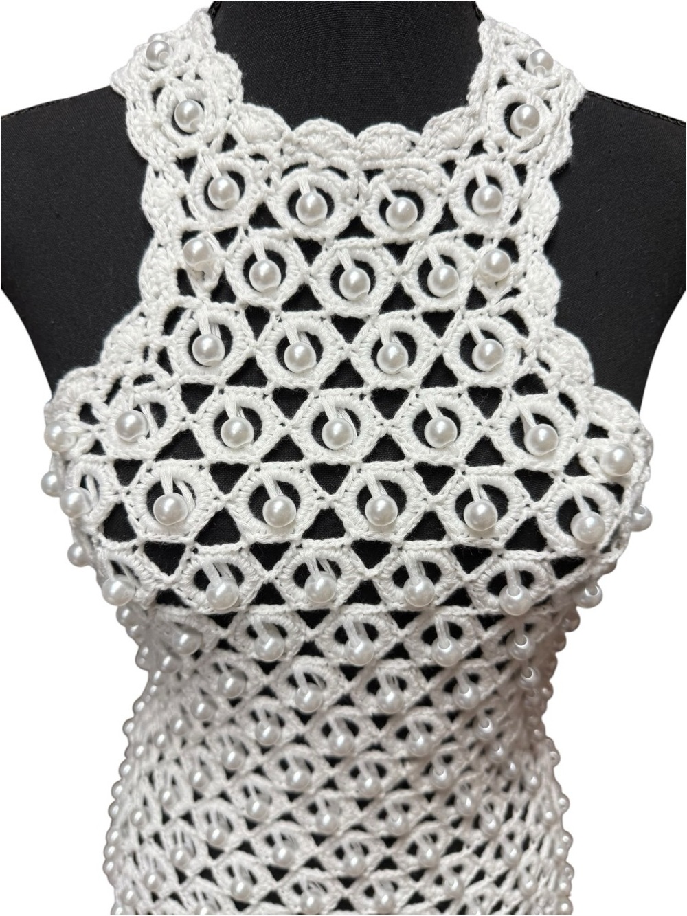 NovaLuxe Crochet Halter Faux Pearl Mini Dress Cover up White XS - Picture 5 of 11